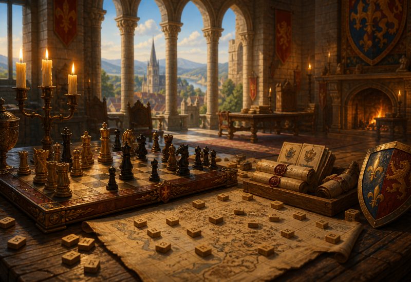 Échecs, lettres et parchemins dans la grande salle d'un château